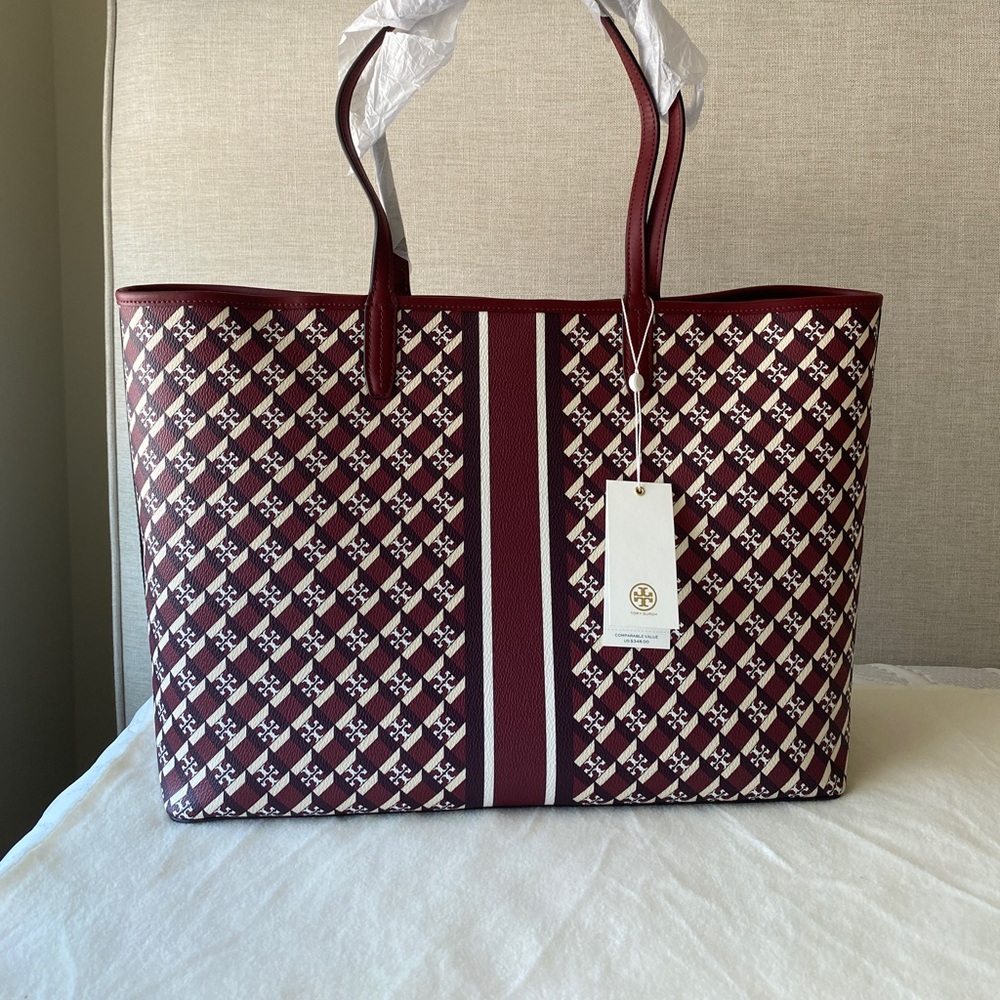 Tory Burch Red Geo Logo Tote Bag – Burgundy – New with Tags - Picture 4 of 10